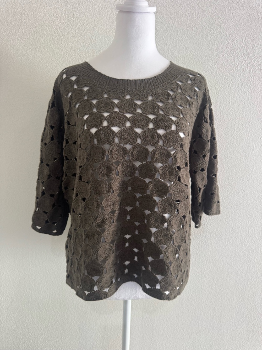 bobeau Olive Openwork Crochet Crewneck Sweater